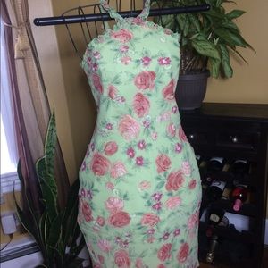 Pale green and rose floral silk dress